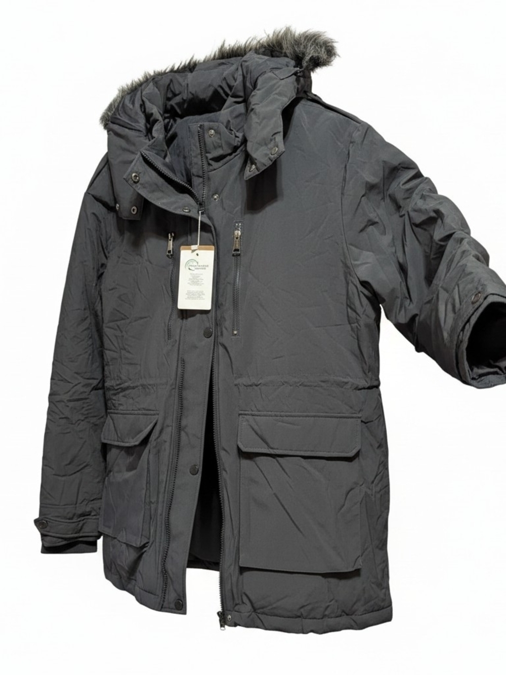 Wantdo - (2XL) - Men's Black Hooded Parka Jacket with Faux-Fur Trim